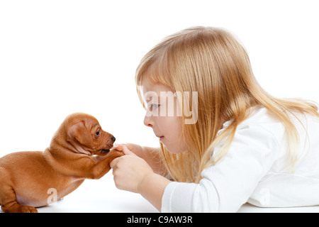 Enfants blonde girl with dog puppy mascot mini pinscher sur fond blanc Banque D'Images