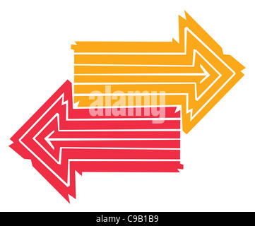 Deux flèches colorées faites de lignes orientées dans des directions opposées Banque D'Images