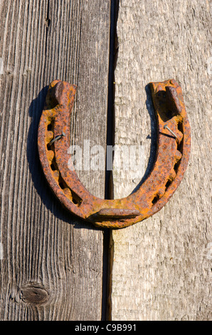 Fer à cheval rouillé cloué sur l'ancien mur en bois. Signe de chance. Banque D'Images