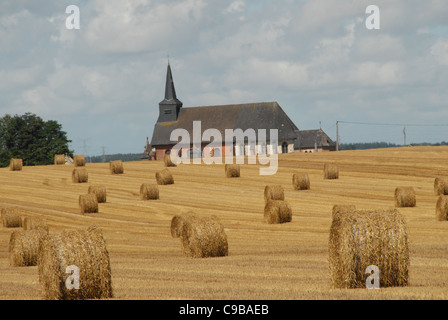 Champ de blé récoltés avec boules de maïs roulé près d'Yvetôt dans le Pays de Caux de Normandie, France Banque D'Images