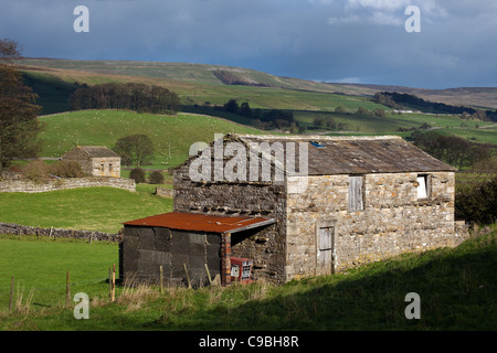 Fer galvanisé ou Tin Tracteur Store Granges dans une vallée près de Hawes, Richmondshire, Yorkshire Dales National Park. UK Banque D'Images