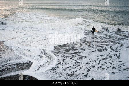 Un homme sur le point de faire du surf dans la mer, La Baie de Cardigan, Aberystwyth, Pays de Galles, Royaume-Uni Novembre Banque D'Images