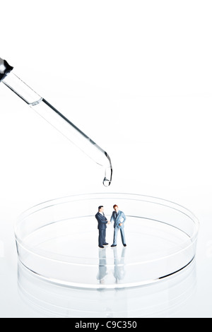 Figurines d'affaires se serrer la main dans une boîte de pétri Banque D'Images