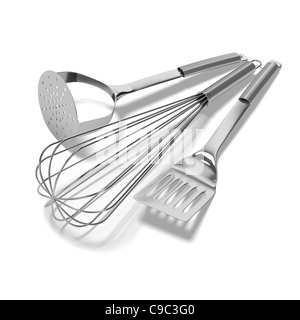 Les ustensiles de cuisine Chrome sur fond blanc Banque D'Images