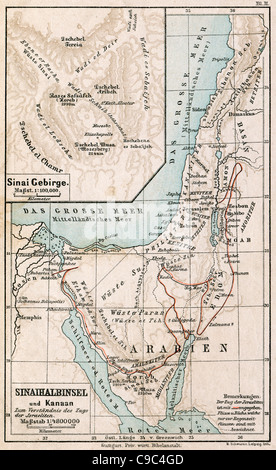 Carte de la péninsule du Sinaï. La route de l'exode des Juifs d'Egypte. La Bible. Allemagne, vers 1895 Banque D'Images