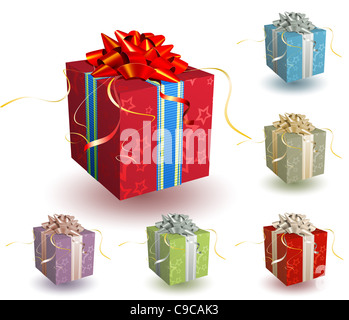 Ensemble d'illustration présente carrés boîtes avec un arc et des rubans Banque D'Images