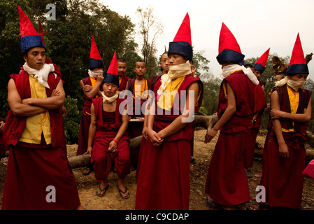 L'Inde, l'Asie du Sud, le Sikkim, des moines bouddhistes portant des chapeaux pointus coniques dans un Losar cérémonie. Banque D'Images