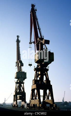 Grues à portique historique (construit par Kranbau Eberswalde en Asie de l'Allemagne) à Kaiser-Wilhelm-Hafen dans le port de Hambourg. Banque D'Images