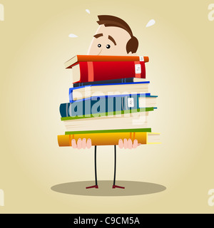 Illustration d'un bibliothécaire chargé tenant une lourde pile de livres Banque D'Images