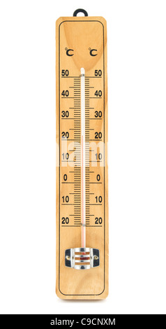 Thermomètre en bois isolé sur fond blanc Banque D'Images