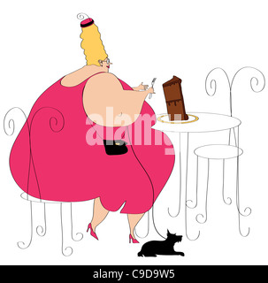 Grosse femme et petit chien au restaurant Banque D'Images