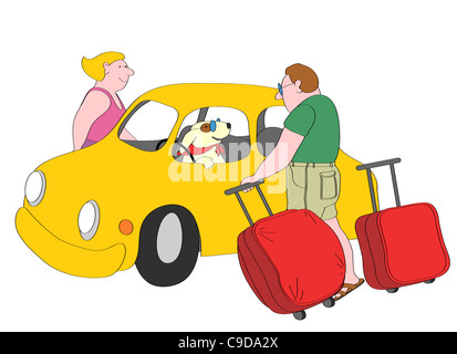 Couple avec valises debout à côté de voiture jaune, chien assis sur le siège du conducteur, illustration Banque D'Images