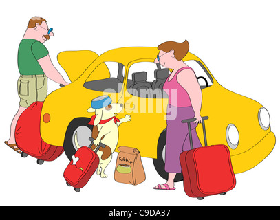 Couple et chien avec valises debout à côté de voiture jaune, illustration Banque D'Images