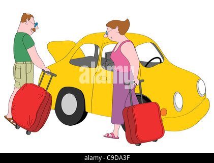 Couple avec valises debout à côté de voiture jaune, illustration Banque D'Images