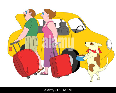 Couple et chien avec valises debout à côté de voiture jaune, illustration Banque D'Images
