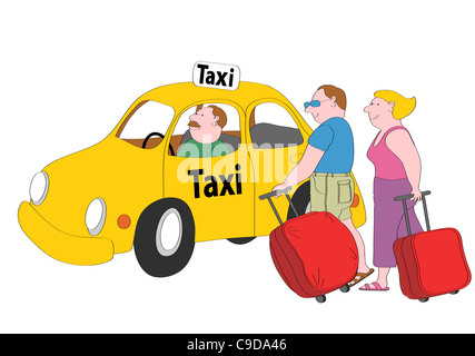 Couple avec valises debout à côté de la yellow cab, illustration Banque D'Images