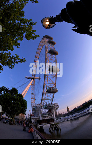 Vue sur le London Eye, les Maisons du Parlement, Big Ben et la Tamise, le Golden Jubilee Bridge en soirée le soleil d'été Banque D'Images