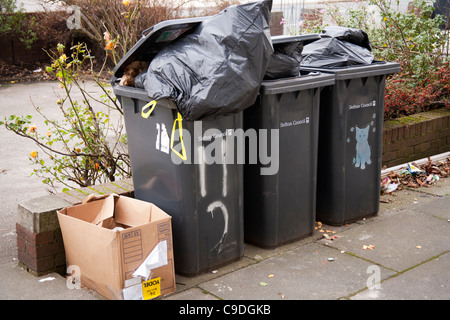 Poubelles débordant d'ordures. Non remplis de déchets recyclés, ces bacs sont maintenant chargés avec la corbeille Banque D'Images