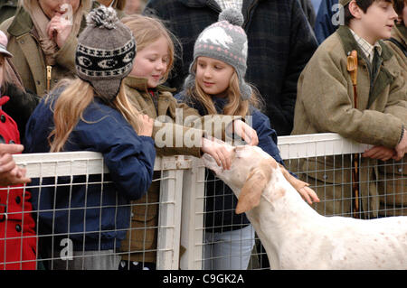 Hounds sont encouragés à faire des amis avec des enfants d'acquérir leur allégeance à la chasse - Le duc de Beaufort Hunt répondre à Worcester Lodge, Didmarton, Gloucestershire, Royaume-Uni, le lendemain, 26 Décembre, 2011. Credit : Graham Lawrence/Alamy Live News Banque D'Images