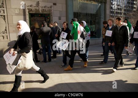 Chicago, USA, 29/12/2011. Depuis mars manifestants Tribune Tower pendant la guerre contre le gouvernement syrien de protestation. Les manifestants se sont rassemblés pour protester contre le gouvernement syrien le traitement de ses citoyens. Banque D'Images