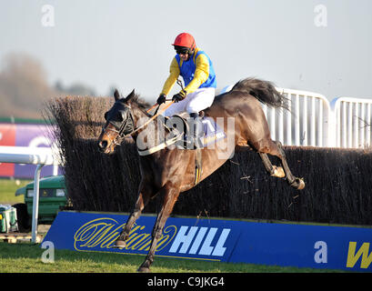 Moleskine monté par Paul Moloney saute la dernière sur leur chemin vers la victoire dans le williamhill.com Handicap Novices' Chase Cl4 3m à Kempton Park Racecourse, Sunbury-on-Thames, Middlesex - 14/01/2012 - CRÉDIT : Martin Dalton/TGSPHOTO/Alamy Live News Banque D'Images