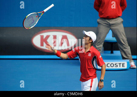 24 janvier 2012 - Melbourne, Victoria, Australie - Kei Nishikori (JPN) en action contre Andy Murray (GBR) lors d'un match de finale hommes sur dix jours de l'Open d'Australie 2012 à Melbourne, Australie. (Crédit Image : © Sydney/faible/ZUMAPRESS.com) Southcreek Banque D'Images