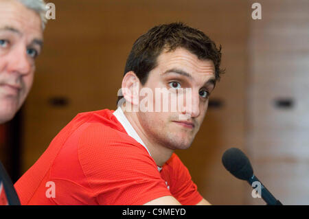 Le capitaine du Pays de Galles Sam Warburton lors du lancement officiel du tournoi des Six Nations de rugby tournoi au Hurlingham Club à Londres. Banque D'Images