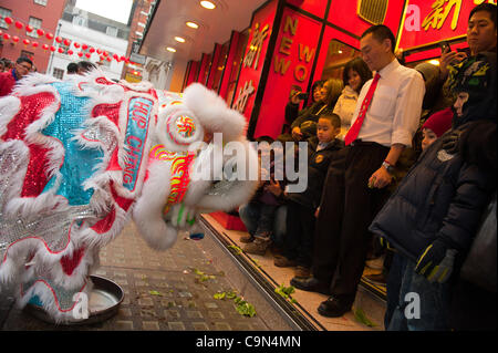 29 janvier 2012. Londres, Royaume-Uni - Un lion dancer la coutume traditionnelle de Cai Ching, littéralement plumer les verts, dans un magasin situé dans le quartier chinois -Le 10e anniversaire de célébrations du Nouvel An chinois à Trafalgar Square, sont les plus grandes célébrations à l'extérieur de la Chine. Photo:Graham Lawrence/Alamy News. Banque D'Images