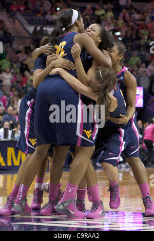 12 févr. 2012 - South Bend, Indiana, États-Unis - les joueurs de la Virginie de l'Ouest célèbrent après action de jeu de basket-ball match entre West Virginia et Notre Dame. Le West Virginia Mountaineers bouleversé le Notre Dame Fighting Irish 65-63 en match à Purcell Pavilion à Joyce Center à South Bend, Banque D'Images