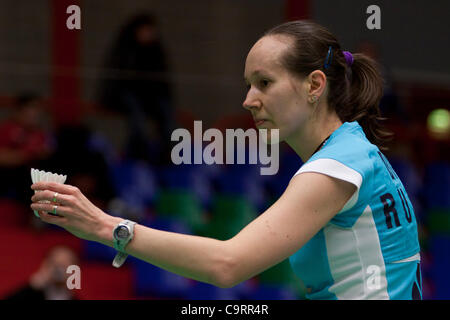 AMSTERDAM, Pays-Bas, 14/02/2012. Joueur de badminton Ella Diehl (Russie, photo) bat Zuzana Orlovska (Slovaquie) dans la phase de groupes de l'équipe européenne championnats 2012. Banque D'Images