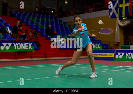 AMSTERDAM, Pays-Bas, 14/02/2012. Joueur de badminton Romina Gabdullina (Russie, photo) remporte son match contre Martina Repiska (Slovaquie) dans la phase de groupes de l'équipe européenne championnats 2012. Banque D'Images