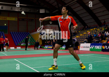 AMSTERDAM, Pays-Bas, 14/02/2012. Joueur de badminton Eric Pang (Pays-Bas, photo) remporte son match contre Henrik Toth (Hongrie) dans la phase de groupes de l'équipe européenne championnats 2012. Banque D'Images