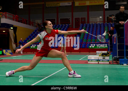 AMSTERDAM, Pays-Bas, 14/02/2012. Joueur de badminton Kate Robertshaw (photo), l'Angleterre remporte son match contre Linda Sloan (Ecosse) dans la phase de groupes de l'équipe européenne championnats 2012. Banque D'Images