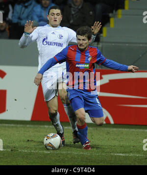 Vaclav Pilar de Viktoria Plzen (à droite) et Kynakos Papadopulos durant la coupe Europa League, 2e tour, Viktoria Plzen vs Schalke 04 à Plzen, République tchèque, 16 février 2012. (Photo/CTK Petr Eret) Banque D'Images