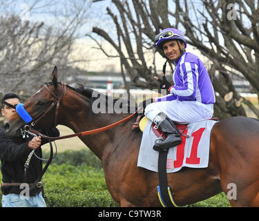 20 février 2012 - Hot Springs, Arkansas, États-Unis - Rafael Bejarano rode Bob Baffert Castaway formés à une victoire dans la première division de la 47e marche de l'Ouest Enjeux lundi après-midi à Oaklawn Park dans la région de Hot Springs. (Crédit Image : © Jimmy Jones/Eclipse/ZUMAPRESS.com) Banque D'Images