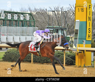 20 février 2012 - Hot Springs, Arkansas, États-Unis - Rafael Bejarano rode Bob Baffert Castaway formés à une victoire dans la première division de la 47e marche de l'Ouest Enjeux lundi après-midi à Oaklawn Park dans la région de Hot Springs. (Crédit Image : © Jimmy Jones/Eclipse/ZUMAPRESS.com) Banque D'Images