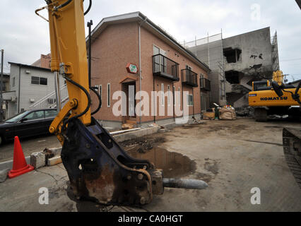 Le 9 mars 2012, Miyako City, Japon - La Ville de Miyako, quelque 480 km au nord-est de Tokyo, qui a été englouti par le tsunami de l'eau noir massif est maintenant en processus de rétablissement de la pire catastrophe jamais des nations Unies le vendredi 9 mars 2012, que les débris et les infrastructures ont été supprimés.  <br > <br > Un an Banque D'Images