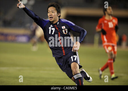 14 mars 2012 - Tokyo, Japon - HIROSHI KIYOTAKE du Japon célèbre son but lors de la qualification d'Asie pour le soccer 2012 Jeux Olympiques entre U-23 de l'équipe nationale du Japon et de l'équipe Nationa Bahreïn au stade national le 14 mars 2012 à Tokyo, Japon. (Crédit Image : © Shugo Takemi/Jana Banque D'Images