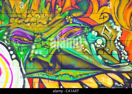 Détails de fresque graffiti par Justin Nimrod décorer l'installation de stockage murs de clôture et d'approvisionnement à l'Acoma à Denver, Colorado, le 18 mars 2012. Le propriétaire de l'établissement permettre graffiti artistes de s'exprimer à l'installation. Banque D'Images