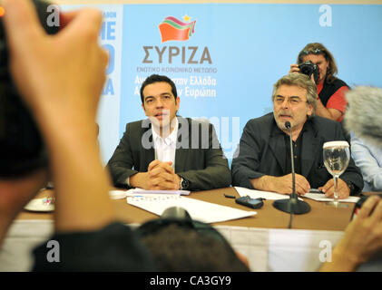 Athènes - Grèce, 1er juin 2012 - Alexis Tsipras, le chef du parti du parti de gauche SYRIZA, présentant le programme économique du parti. Banque D'Images