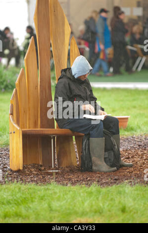 Dimanche 3 juin 2012. Hay-on-Wye, Powys, Wales, UK. Visiteurs inconscients de la pluie se détendre et lire à l'extérieur de la librairie Pembertons au 25e Festival du foin. Crédit photo : Graham M. Lawrence/Alamy Live News. Banque D'Images