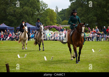 Île de Wight, Hampshire, Royaume-Uni dimanche 3 juin 2012. Célébrations du jubilé à Osborne House. Les cavaliers de 3 à côté comprennent des dames audacieuses chevauchant le side-addle et concourant dans une variété de compétitions audacieuses de saut et de relais équestres. Banque D'Images