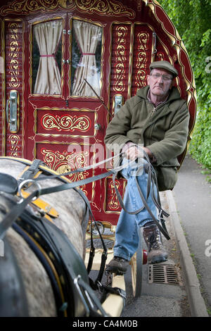 Le mercredi 6 juin 2012 à Penrith, Cumbria, England, UK. L'arc à cheval wagons tombereaux arrivent de tout le Royaume-Uni pour Appleby, juste le plus grand rassemblement annuel des Tsiganes et Voyageurs en Europe. Trevor Jones (photo) a passé trois semaines sur la route pour rejoindre la foire du Wirral. La juste Banque D'Images