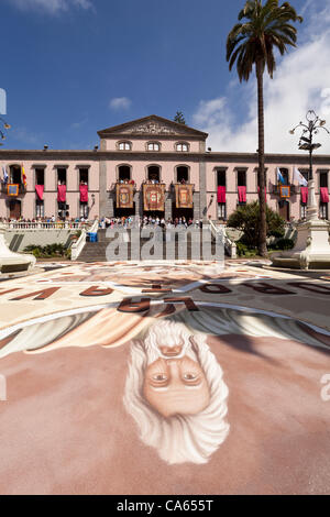 Le Corpus Christi des tapis de fleurs à La Orotava, une tradition annuelle sur le jeudi après Corpus Christi lorsque des familles locales décorent les rues avec des tapis faits de pétales de fleurs et d'autres parties de la plante avec des images représentant différentes scènes religieuses et d'élaborer des modèles. Le tapis principal en th Banque D'Images