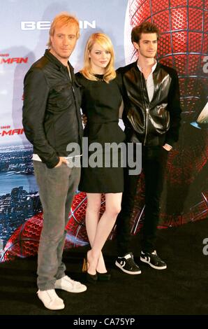 Le 20 juin 2012. Berlin, Allemagne. Rhys Ifans, Emma Stone, Andrew Garfield dans The Amazing Spider-Man photocall. Banque D'Images