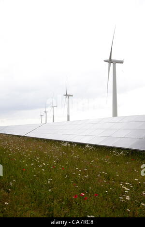 Westmill. Nr Watchfield Swindon, Royaume-Uni. Samedi 23 juin 2012. Westmill ferme de l'énergie le jour de son offre sur les actions de sa ferme solaire Westmill est le premier parc d'énergie éolienne et solaire d'être cooperativley administré par ses membres l'installé des panneaux solaires va générer 4,8 GWh par an d'électricité propre, assez pour alimenter 1 400 foyers. Banque D'Images