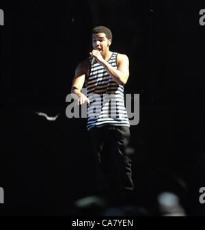 Juin 20, 2012 - Raleigh, Caroline du Nord, États-Unis - artiste rap Drake se produisant au Time Warner Cable Music Pavilion situé à Raleigh dans le cadre du Club Paradise Tour (Image Crédit : © Tina Fultz/ZUMAPRESS.com) Banque D'Images