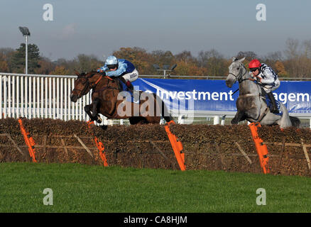 Fingal Bay monté par Richard Johnson mène à la dernière haie de Simonsig monté par Barry Garaghty pour gagner le Neptune Investment Management Novices' Hurdle (enregistrée l'hiver novices' hurdle) à Sandown Park Racecourse, ESHER, Surrey - 02/12/2011 - CRÉDIT : Martin Dalton/TGSPHOTO Banque D'Images