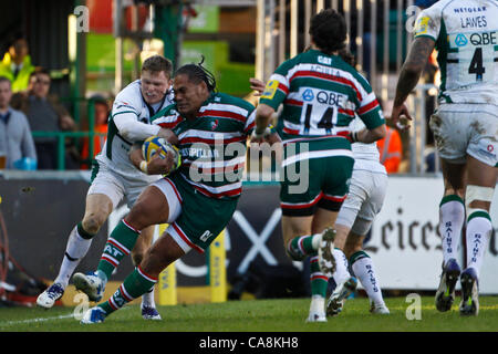 03.12.2011. Leicester, Angleterre.. Aviva Premiership Rugby Union. Leicester Tigers contre les Northampton Saints. Alesana Tuilagi de Leicester Tigers est abordé par Chris Ashton et Lee Dickson de Northampton Saints au début de l'incident qui a donné lieu à l'envoi au large de Tuilagi et Tom Wood de Nort Banque D'Images