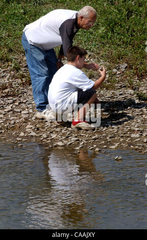 Sep 06, 2003 - Covington, Kentucky, USA - ZACH GRIFFIN ,12, d'Erlanger, KY montre le 'propre' rock il a constaté à son grand-père EMERSON MOSCOE, de Hébron KY tandis que les deux étaient recherche sur le bord de Banklick Creek près de Pioneer Park. (Crédit Image : © Ken Stewart/ZUMA Press) Banque D'Images